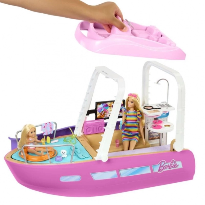 Barbie iaht de vis cu motor, cu transformare a interiorului și accesorii