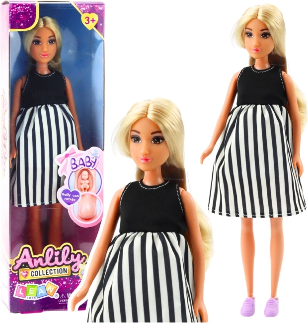 Păpușă Anlily Gravidă în rochie cu dungi alb-negre cu bebeluș