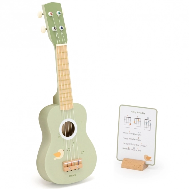 Ukulele din lemn pentru copii verde cu note muzicale