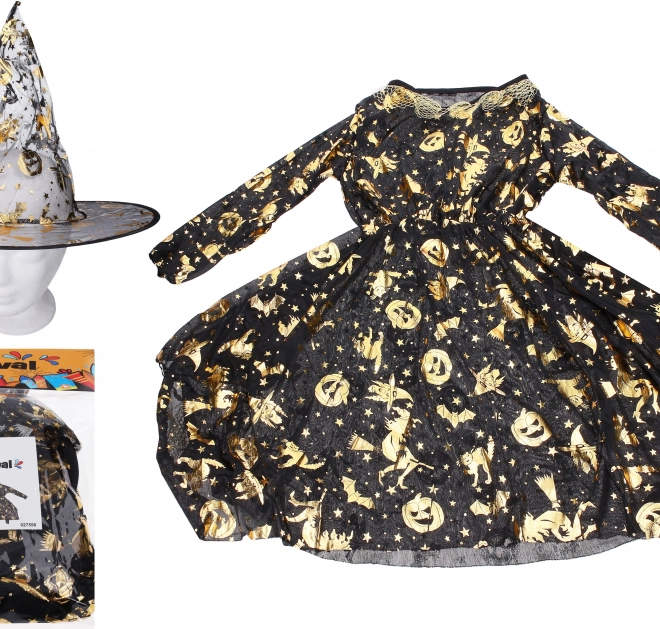 Costum de carnaval de vrăjitoare – auriu (rochie și pălărie)
