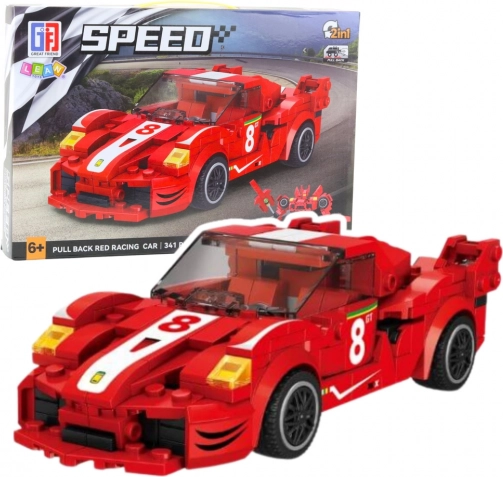 Set de construcție 2‑în‑1 mașină de curse și robot cu mecanism cu arc, 341 piese – roșu