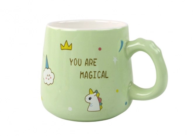 cană ceramică cu unicorn verde cu capac și linguriță