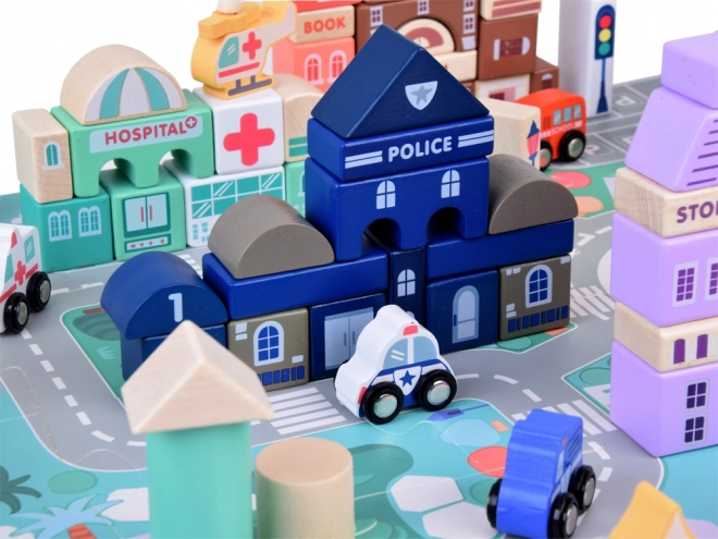 Set de blocuri de lemn pastelate cu oraș și covoraș puzzle 115 piese