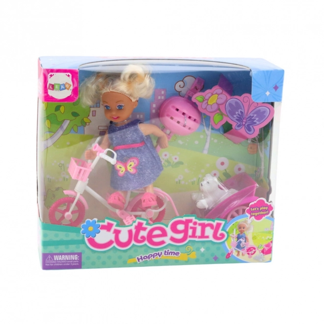 Set mini păpușă cu bicicletă, remorcă și cățel alb