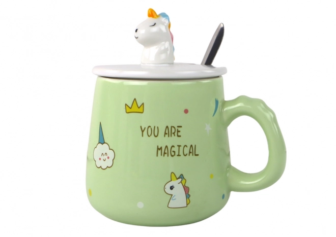 cană ceramică cu unicorn verde cu capac și linguriță