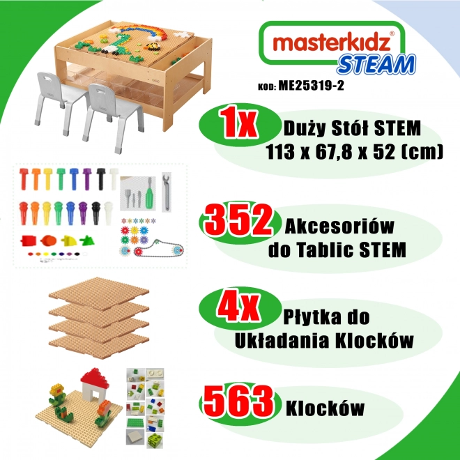 Măsuță educativă Masterkidz cu set STEM și 563 blocuri