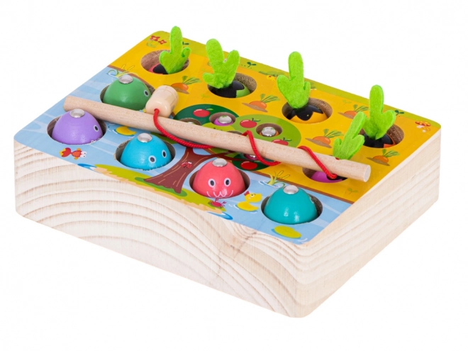 Joc magnetic Montessori pescuit de peștișori și insecte, morcovi de lemn