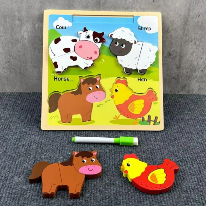 Puzzle educațional din lemn Animale domestice cu tablă de desen