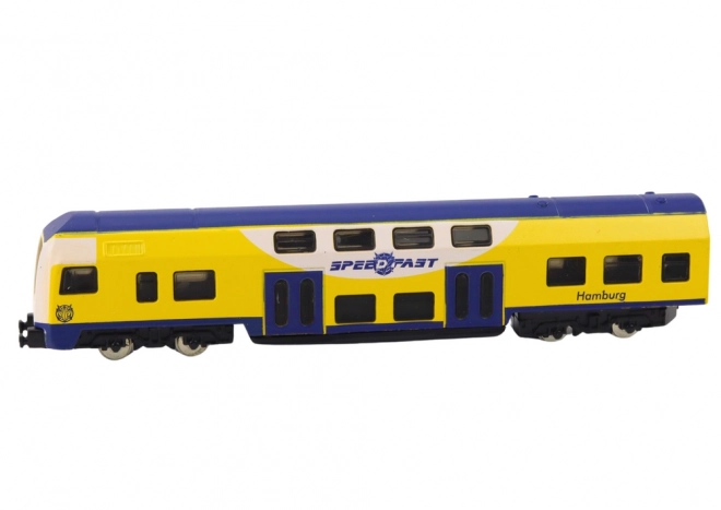 Model colectibil tren galben-albastru 1:48 metalic