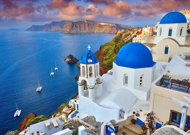 Puzzle Santorini - Vedere spre bărci Grecia 1000 piese