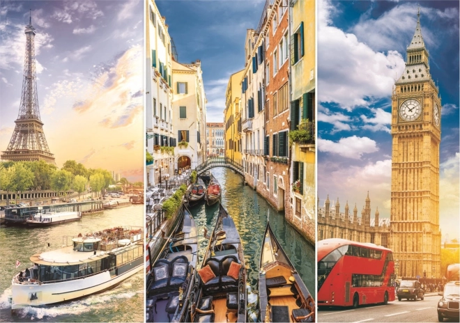 Puzzle Trefl cu colaj orașe Paris-Veneția-Londra 1000 piese + Suport pentru puzzle