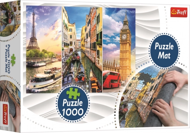 Puzzle Trefl cu colaj orașe Paris-Veneția-Londra 1000 piese + Suport pentru puzzle