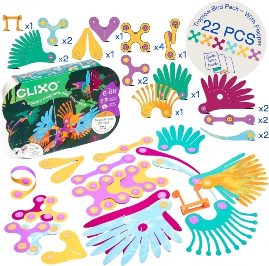 Set de construcție magnetic Clixo - Păsări tropicale - 22 de piese