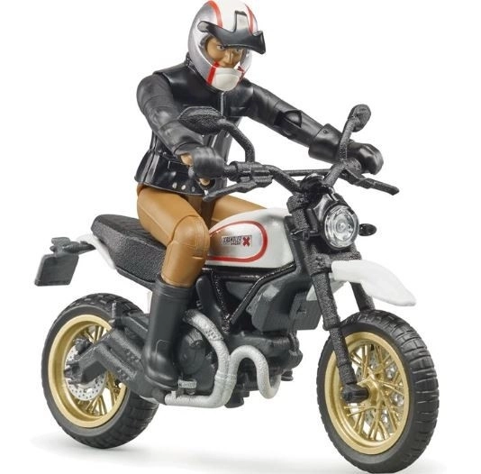 Motocicletă Scrambler Ducati Cafe Racer cu figurina de pilot