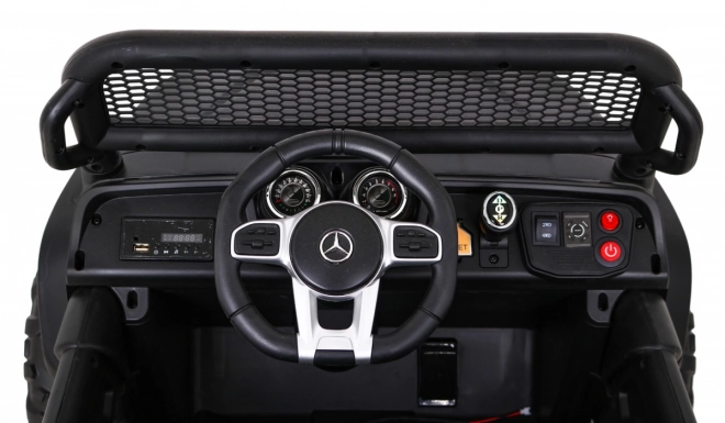 Mercedes Benz Unimog pentru copii negru + tracțiune 4x4 + telecomandă + spațiu pentru bagaje + pornire lentă + MP3 LED