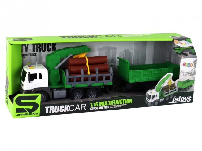 Camion cu macara cu remorcă și sunete, culoare verde, din lemn, 1:16