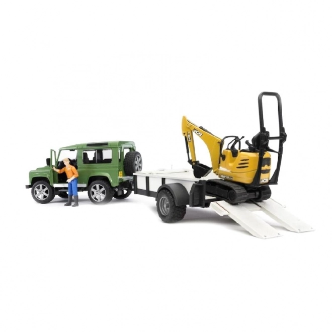 Land Rover cu remorcă și mini excavator JCB de la Bruder