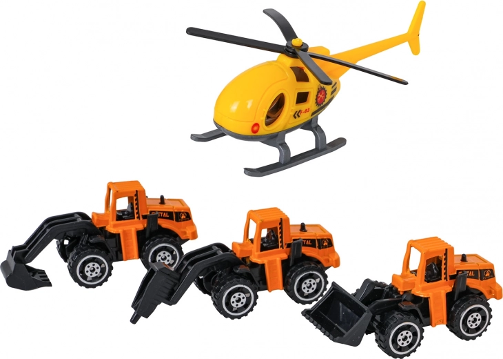 3 mașini metalice de construcții și elicopter
