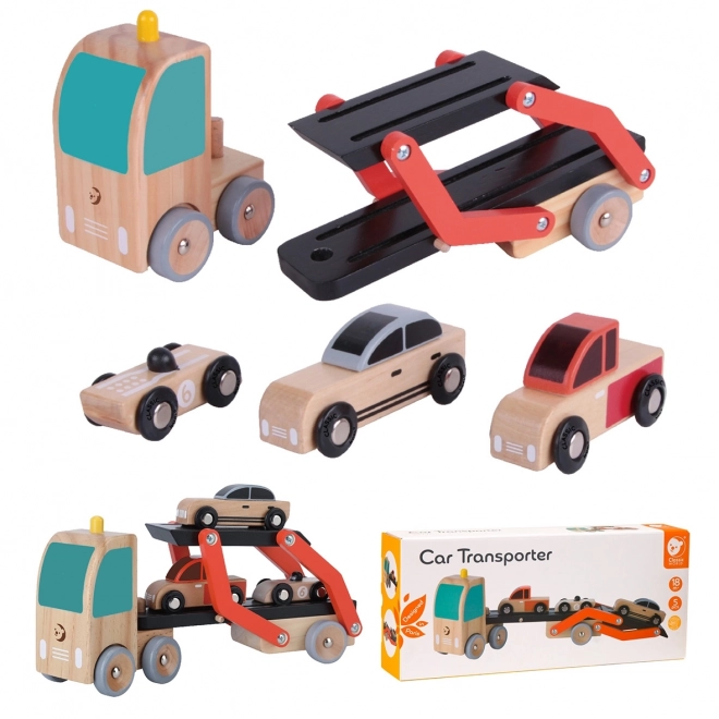 Platformă auto din lemn cu 3 mașinuțe