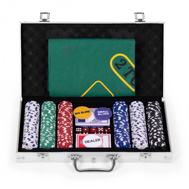 Set Poker Blackjack cu 300 Jetoane, 2 Pachete Cărți, Zaruri și Husă cu Încuietoare