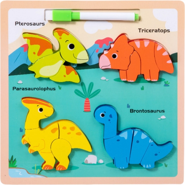 Puzzle educativ din lemn cu dinozauri și tablă de desen