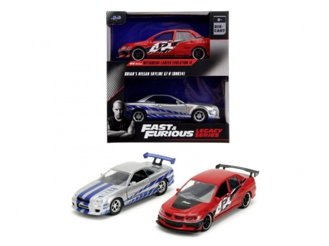 Set mașini Fast & Furious Mitsubishi Lancer Evo IX și Nissan Skyline GTR R34 la scară 1:32