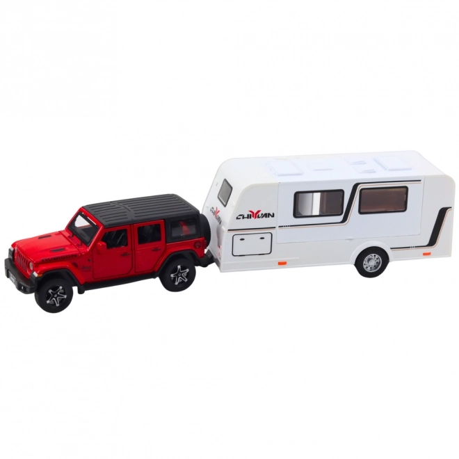 Set mașină off-road cu rulota de metal, efecte de lumină și sunet, roșu, scara 1:32