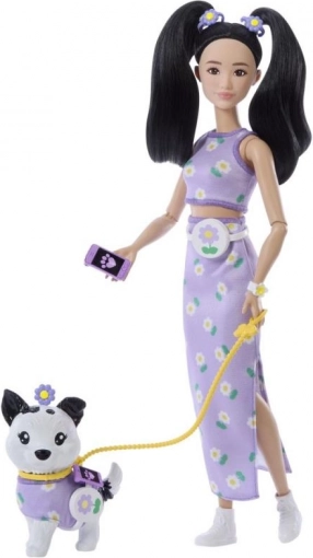 barbie ținută dublă cu flori – păpușă cu cățeluș și accesorii
