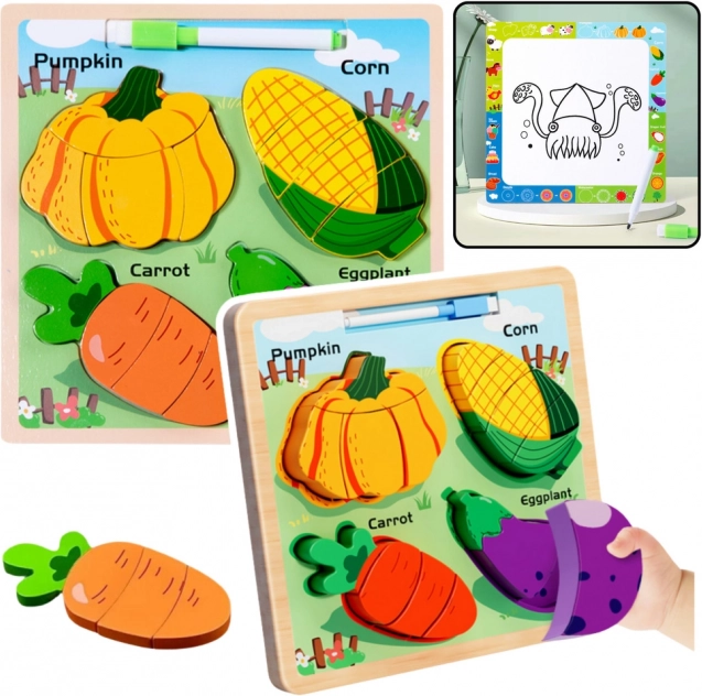 Puzzle educativ din lemn cu legume și tablă de desenat