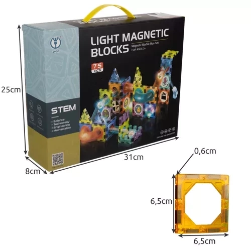 Set de construcție magnetic cu bile luminoase - 75 elemente