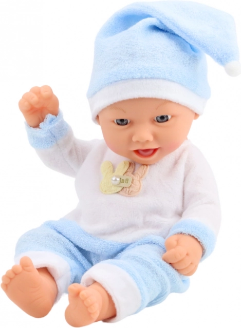 Păpușă bebeluș în pijama albastră cu căciuliță cu ciucuraș