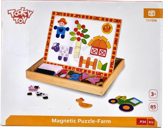 Tablă dublă din lemn Tooky Toy Fermă cu puzzle-uri magnetice