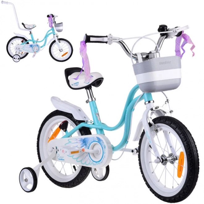 Bicicletă pentru copii Royalbaby Little Swan 14" cu coș și roți ajutătoare – turcoaz