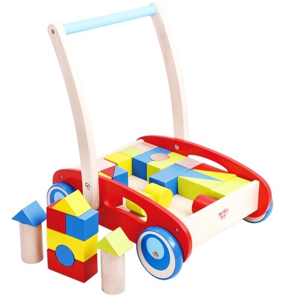 Pusher din lemn cu blocuri Tooky Toy pentru copii