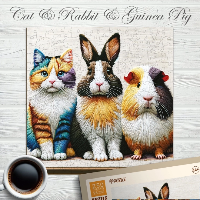 Puzzle din lemn cu pisică, iepure și cobai