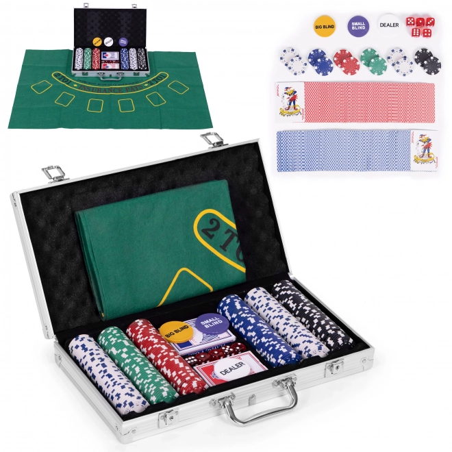 Set Poker Blackjack cu 300 Jetoane, 2 Pachete Cărți, Zaruri și Husă cu Încuietoare