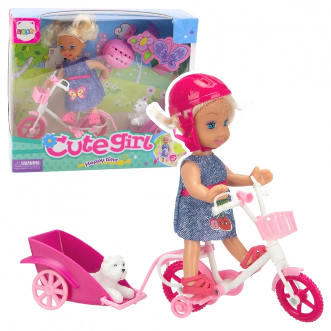 Set mini păpușă cu bicicletă, remorcă și cățel alb
