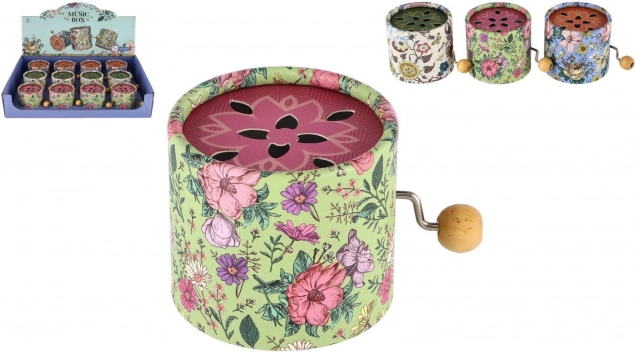Cutie muzicală cu manivelă – cutie metalică cu motiv floral, 9 cm