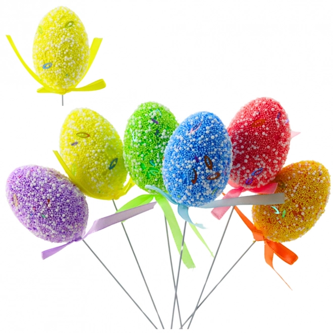 Ouă de Paște colorate pe sârmă cu fundă decorativă set 6 bucăți