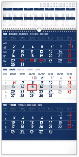 Calendar de perete cu trei luni 2025 albastru