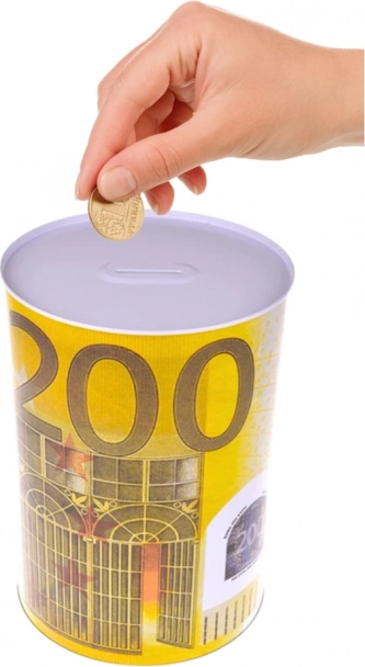 Pușculiță metalică în formă de cutie cu motiv bancnotă 200 Euro