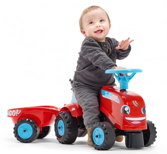 Premergător - tractor Go Farm roșu cu volan și remorcă