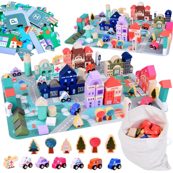 Set de blocuri de lemn pastelate cu oraș și covoraș puzzle 115 piese