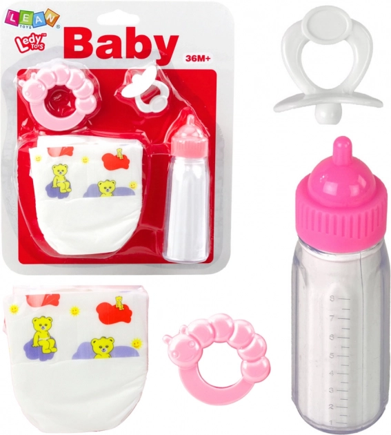 Set accesorii pentru păpuși cu biberon, suzetă, scutec și zornăitoare