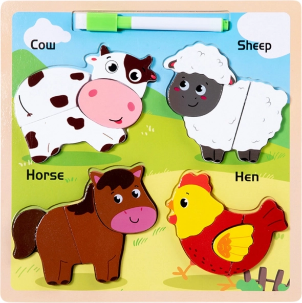 Puzzle educațional din lemn Animale domestice cu tablă de desen