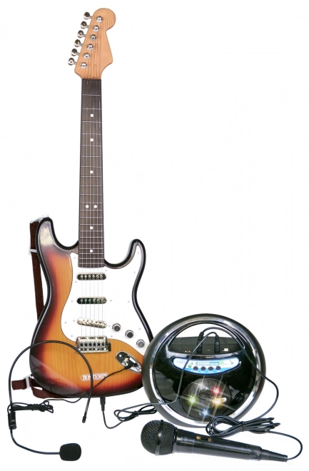Chitară electrică rock cu amplificator și microfon
