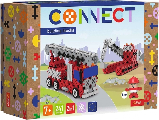 Set de construcție Connect 2în1: autospecială de pompieri și excavator pe șenile