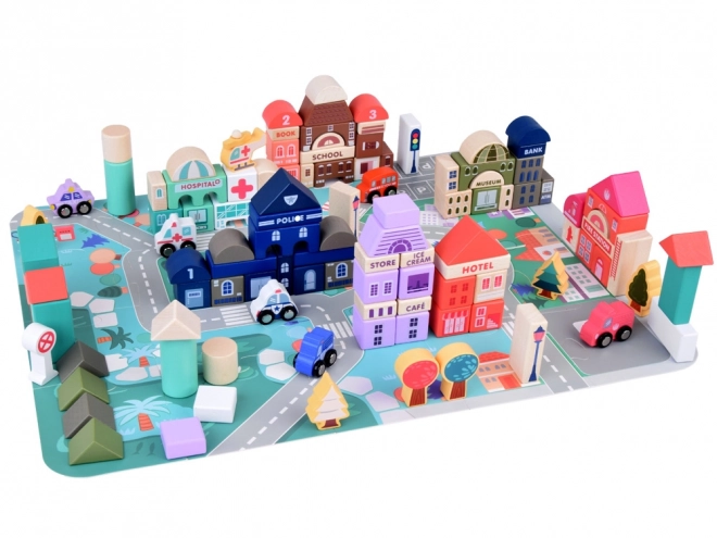 Set de blocuri de lemn pastelate cu oraș și covoraș puzzle 115 piese