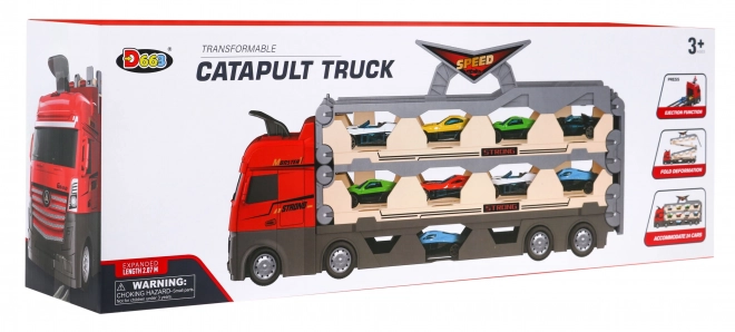 Set 3 în 1 Camion cu platformă și mașinuțe pentru copii 3+ Pista cu catapultă