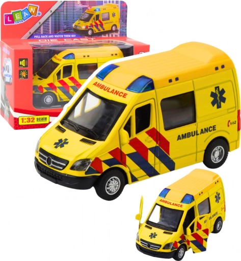 Ambulanță metalică 1:32 cu mecanism pull-back, lumini și sunete – galbenă